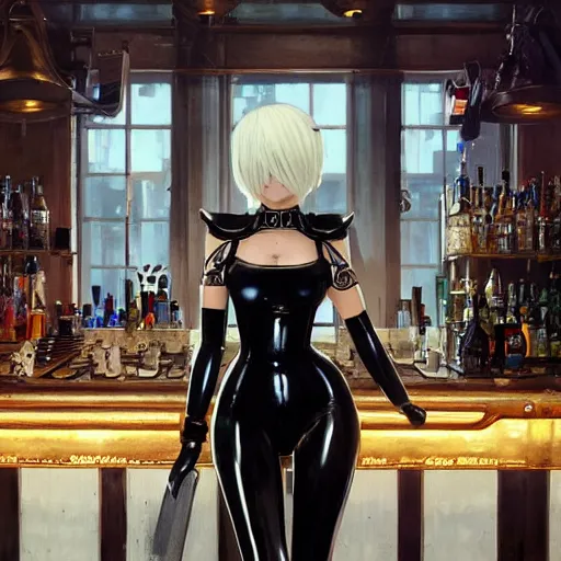 Image similar to highly detailed painting of 2 b from nier automata wearing a latex suit in a bar, stephen bliss, 8 k, by greg rutkowski, loish, rhads, artgerm, ferdinand knab, makoto shinkai and lois van baarle, ilya kuvshinov, rossdraws, global illumination, radiant light, detailed and intricate environment