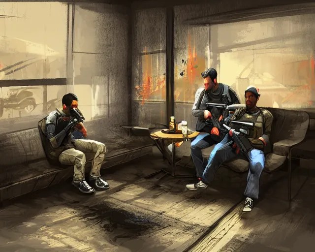 Prompt: two csgo characters siting and chilling in cozy smoking room, plan b, lots of details, digital paining, concept art, poster