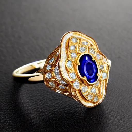 Image similar to a magnificent luxurious design of a female finger ring with a huge sapphire on which intricate patterns with interspersed small diamonds bend with a thin gold thread. hyper - realistic photo. full screen. very clear details.