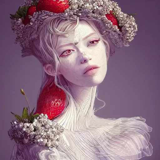 Image similar to the portrait of an absurdly beautiful, graceful, elegant, sophisticated, fashionable young woman made of strawberries and white petals looking down, an ultrafine hyperdetailed illustration by kim jung gi, irakli nadar, intricate linework, bright colors, octopath traveler, final fantasy, unreal engine 5 highly rendered, global illumination, radiant light, detailed and intricate environment