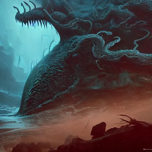 Image similar to sea beast of the depths in the style of michael whelan and h. p. lovecraft. hyperdetailed photorealism by greg rutkowski. 1 0 8 megapixels, 3 d finalrender, cinematic lighting.