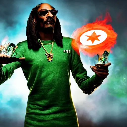 Image similar to Snoop Dogg starring as a futuristic Marvel Super Hero holding green fire for a 2019 Marvel Movie poster, cinematic, 4K, HD