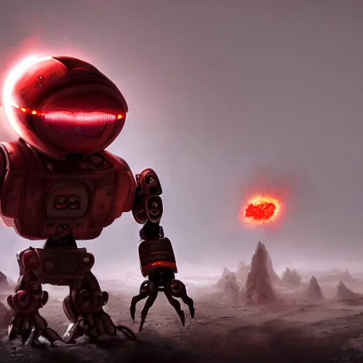 Image similar to post - apocalyptic, a very strong robot with red enerygies shaking the hand with a mighty alien creature that has multiple eyes. smoke. volumetric lighting, sharp focus, ultra detailed, cgsociety