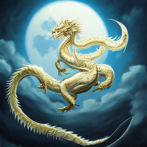 Image similar to a painting of a long white chinese dragon dancing in front of the moon, illustration, shiny, full resolution, full lights, sharp focus, Artstation, intricate, ethereal, highly detailed, smooth,