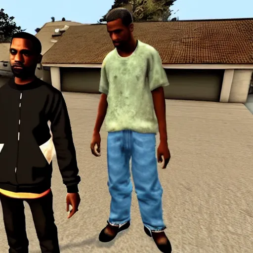 Image similar to full body shot of Kanye West and Travis Scott in GTA San Andreas, PlayStation 2 graphics, low quality 3D model