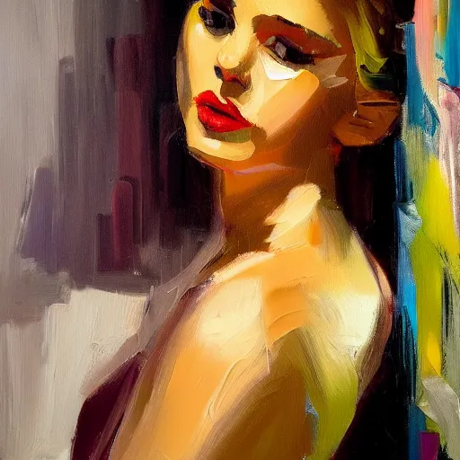 Image similar to an oil on canvas painting of a beautiful feminine woman from the 60's, leaning against the wall, living room, figurative art, studio portrait, detailed, dramatic lighting, beautiful facedeviantart, cgsociety, chiaroscuro, acrylic art, by Elmer Bischoff, by Michael Garmash