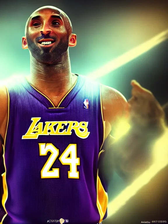 Image similar to portrait art of Kobe Bryant, 8k ultra realistic , lens flare, atmosphere, glow, detailed,intricate, full of colour, cinematic lighting, trending on artstation, 4k, hyperrealistic, focused, extreme details, unreal engine 5, cinematic, masterpiece