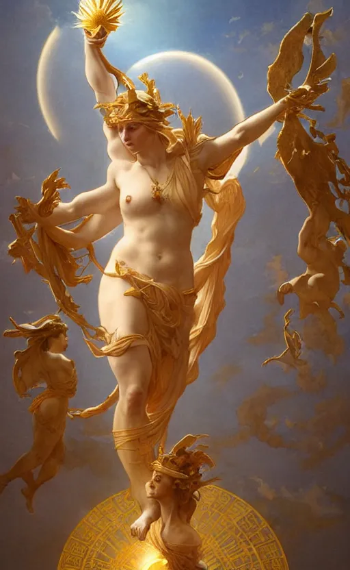 Image similar to statue of the goddess of the sun helios with four arms descending from olympus, artstation, concept art, smooth, sharp focus, illustration, art by artgerm and greg rutkowski and alphonse mucha and william adolphe bouguereau and john william waterhouse