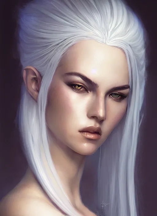 Image similar to girl with white hair, beautiful highly detailed face, complementary lighting, backlit, eyeshadow, divine, beautiful painting by artgerm and greg rutkowski and raymond swanland