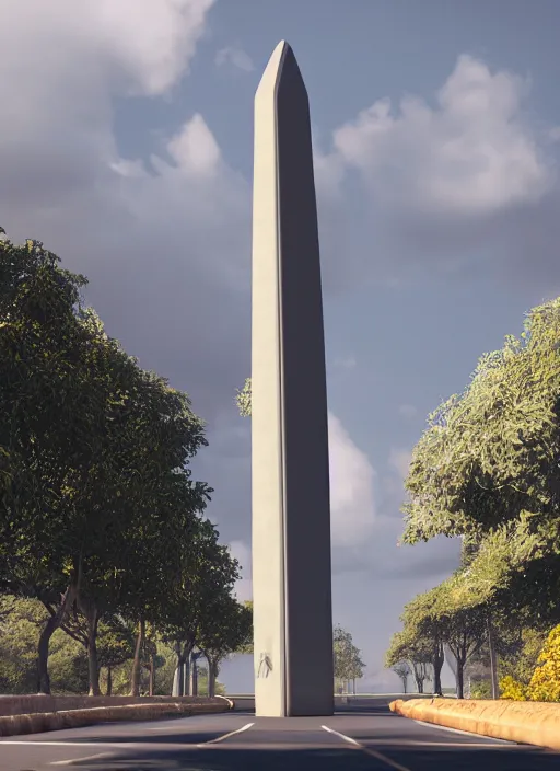 Image similar to highly detailed render of a high tech futuristic tall stele standing on the road ring made in unreal engine 4