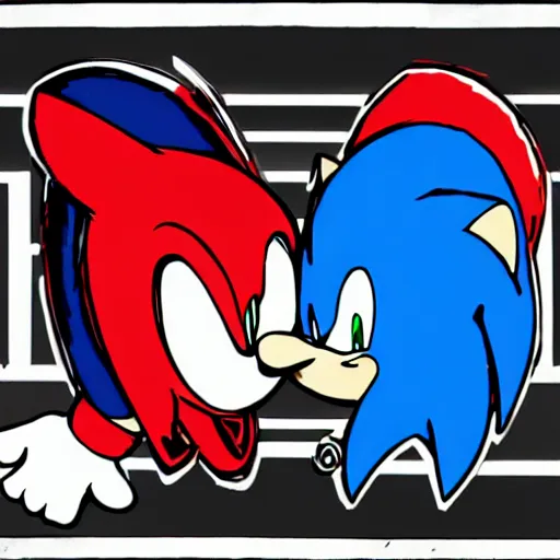 Prompt: sonic and knuckles smooching each other
