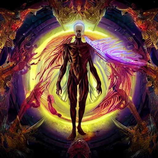 Image similar to 4K headshot of godlike Alien with defined arms and open hands and bloody clothes with giant mandala wings , intricate face , flawless anime cel animation by Kentaro Miura, psychedelic , highly detailed upper body , professionally post-processed , beautiful, scary, symmetry accurate features, epic, octane rendered, anime masterpiece, accurate by Craig Mullins, ilya kuvshinov, krenz cushart, epic , artgerm trending on artstation by Edward Hopper and Dan Mumford and WLOP and Rutkovsky, beksinski carl spitzweg moebius and tuomas kocar, intricate artwork by caravaggio, Unreal Engine 5, Lumen, Nanite