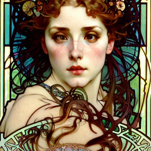 Prompt: realistic detailed face portrait of Mia Kirschner by Alphonse Mucha, Ayami Kojima, Yoshitaka Amano, Charlie Bowater, Greg Hildebrandt, Jean Delville, William Morris, and Mark Brooks, Art Nouveau, Pre-Raphaelite, Gothic Revival, exquisite fine details, 4k resolution