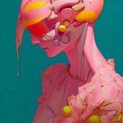 Image similar to prompt : pink and orange and yellow portrait soft light painted by james jean and katsuhiro otomo and erik jones, inspired by evangeleon anime, smooth face feature, intricate oil painting, high detail illustration, sharp high detail, manga and anime 1 9 9 9