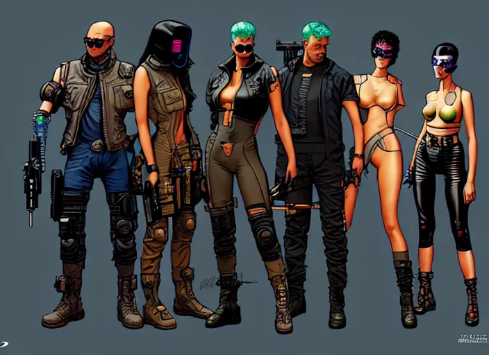 Image similar to cyberpunk mercenary team. portrait by stonehouse and mœbius and will eisner and gil elvgren and pixar. character design. realistic proportions. cyberpunk 2 0 7 7 character art, blade runner 2 0 4 9 concept art. cel shading. attractive face. thick lines. the team. diverse characters. artstationhq.