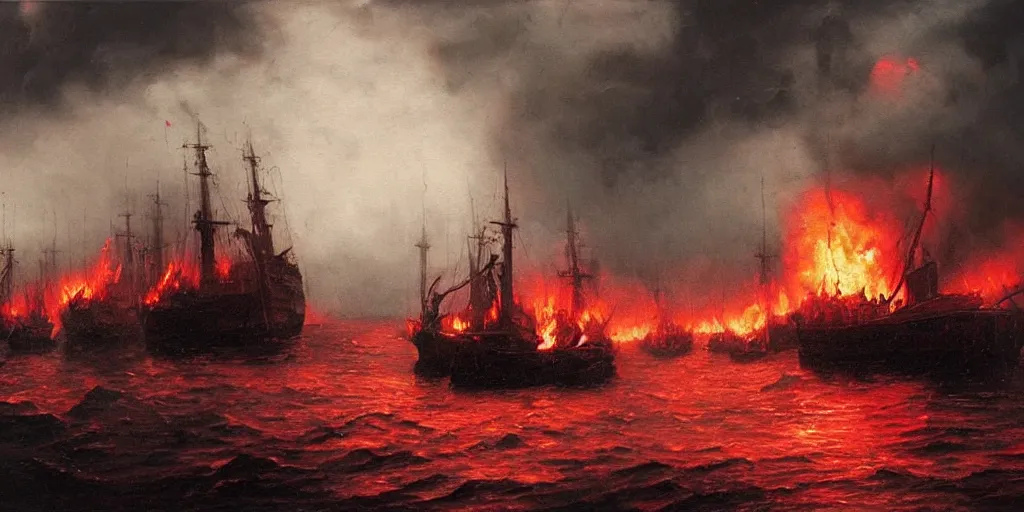 Prompt: Hyper realistic oil painting of a medieval fleet burning brightly with pillars of dark smoke rising from the burning ships, dark red fire burning in the background, stormy weather, dark storm clouds above, highly detailed, fog, red cinematic lighting, atmospheric, dark fantasy, moody, creepy, by Greg Rutkowski, trending on artstation