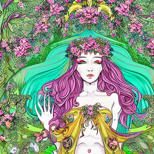 Image similar to NeoPagan Goddess of Spring, inside her temple, in a style blend of Peter Chung, Junko Mizuno, and Botticelli, hyper detailed, photorealistic digital art, flat colors, dramatic composition, extremely fine inking lines