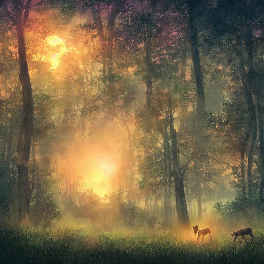 Prompt: a dreamy sunset kn the forest with animals, illustration, 8k