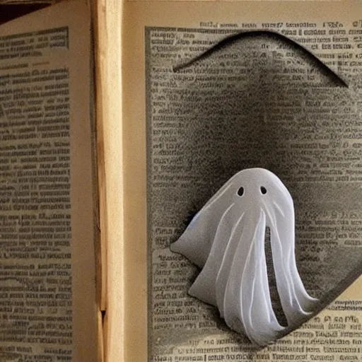 Prompt: whispy ghost floating out of an opened book at a lirbary, creepy, realistic, detailed,
