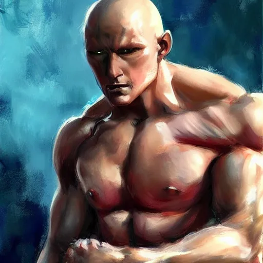 Prompt: shirtless mascular saitama posing, bodybuilder, art by daniel gerhartz, artstation