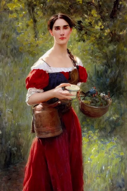 Prompt: painting of Jennifer Connelly by Richard S. Johnson and Solomon Joseph Solomon and Richard Schmid and Jeremy Lipking victorian genre painting full length portrait painting of a young beautiful woman traditional german french barmaid in fantasy costume, red background