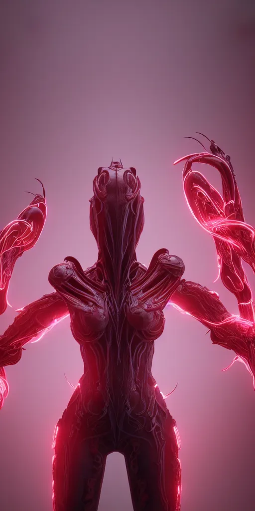 Image similar to stunning symmetric full body character image, woman, predator, Protoss, human, Tsutomu Nihei, 3d octane render, unreal engine, hyper realistic, realistic, white bone armor, soft illumination, human facial features, surrounded in red glowing tendrils of whispy smoke, trending artstation, 4K, insane