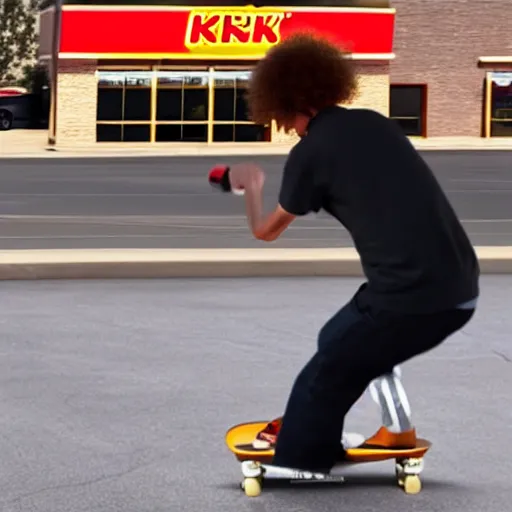 Image similar to kenny g skateboarding in a burger king parking lot, epic, cinematic, realism, ultra detailed, 8 k