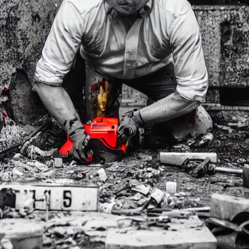 Image similar to putin with a chainsaw. in a concrete bunker with a pile of corpses. focus on putins face with blood splatters. canon eos r 3, f / 1. 4, iso 1 6 0 0, 1 / 8 0 s, 8 k, raw, grainy