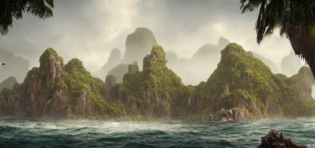 Prompt: skull Island, wooden fortress wall on a tropical island with ruff shore cliffs,landscape, raphael lacoste, eddie mendoza, alex ross, john howe, concept art, matte painting, highly detailed, rule of thirds, dynamic lighting, cinematic, detailed, denoised, centerd, clean render