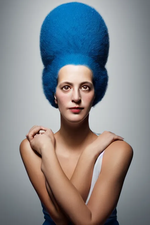 Image similar to studio portrait of woman that looks excactly like marge simpson, lookalike, as if marge simpson came to life, soft light, black background, fine details, close - up, award winning photo by martin schoeller