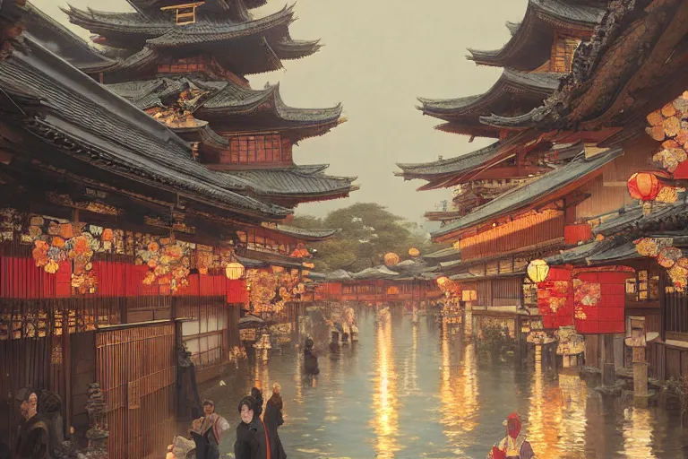 Image similar to a beautiful realistic painting of the lantern festival in old kyoto, intricate, elegant, highly detailed, digital painting, artstation, concept art, by krenz cushart and artem demura and alphonse mucha