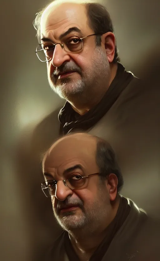 Image similar to portrait of salman rushdie, deep focus, d & d, fantasy, intricate, elegant, highly detailed, digital painting, artstation, concept art, matte, sharp focus, illustration, art by artgerm and greg rutkowski and alphonse mucha