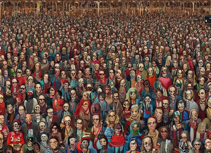 Image similar to where's waldo, creepy people, lowbrow, matte painting, 3 - d highly detailed, in the style of richard corbin