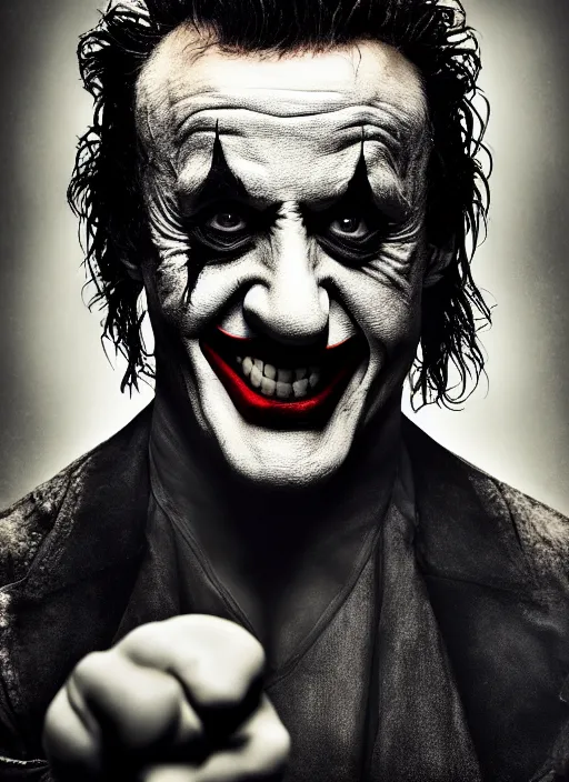 Image similar to photo of Sylvester Stallone as the Joker by Lee Jeffries , big smile, head shot, detailed, award winning, Sony a7R