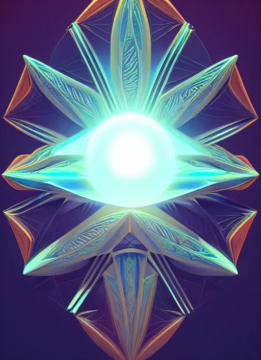 Prompt: geometric fractal, vray, sun flare, symmetrical and intricate, digital painting, trending on artstation, cgsociety, concept art, smooth, sharp focus, cinematic, poster art, concept art, technicolor, ray tracing ambient occlusion