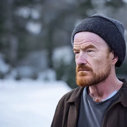 Prompt: Live Action Still of Bryan Cranston dressed as Jesse Pinkman wearing a beanie, real life, hyperrealistic, ultra realistic, realistic, highly detailed, epic, HD quality, 8k resolution, body and headshot, film still