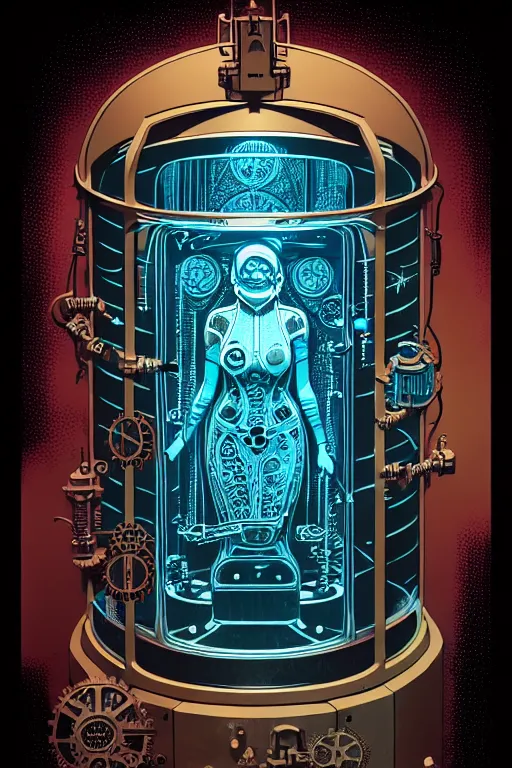 Image similar to steampunk cryo chamber containing an female, high details, intricately detailed, by vincent di fate, inking, 3 color screen print, masterpiece, trending on artstation,, sharp, details, hyper - detailed, hd, 4 k, 8 k