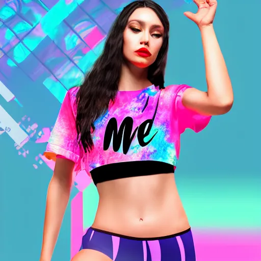 Prompt: realistic product mock up of a woman wearing an all over print crop top in the style of vaporwave and synthwave, 8 k realistic photo