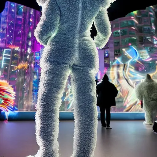 Image similar to love, diverse fluffy cybersuits, from behind, connection rituals, wide wide angle, vivid, elaborate, highly detailed, beautiful lighting