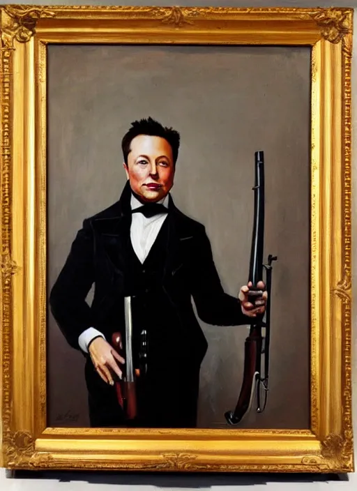 Prompt: oil painting portrait of elon musk in a victorian suit holding a musket rifle