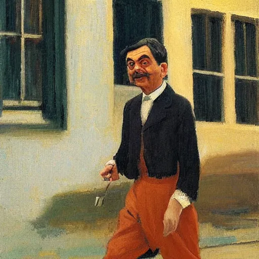 Prompt: mr. bean walks down a street on a sunny day by anna ancher