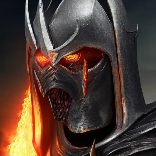 Prompt: a photorealistic 3D render portrait of sauron the dark lord wearing armor made of iron, unreal engine, octane render, cinematic lighting, a sense of evil, hard surface character concept art, dark fantasy character design, hyper realism, high detail, depth of field, stunning cgsociety