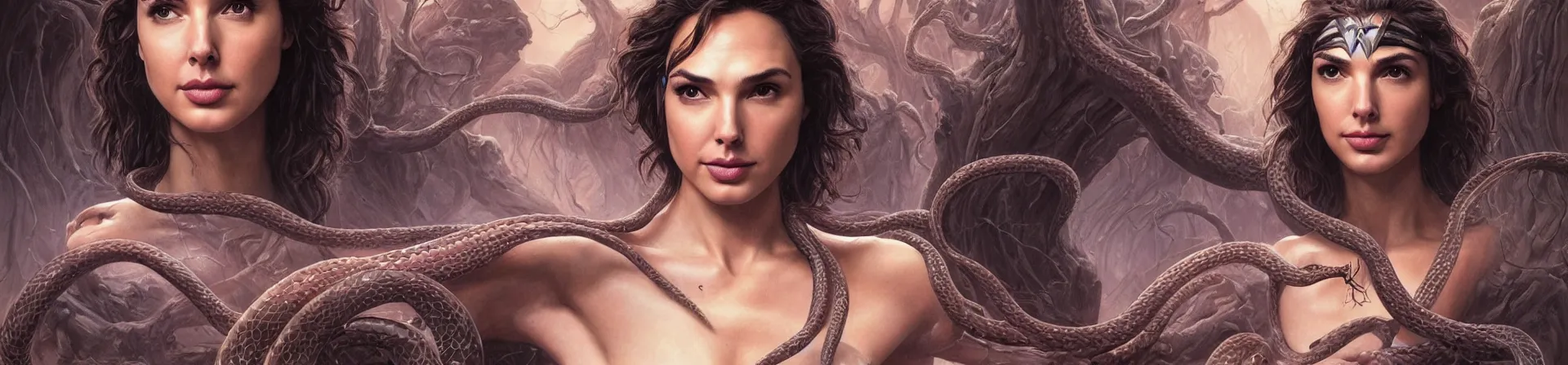 Image similar to beauty woman Gal Gadot with snakes for hair, Medusa, detailed face, surrounded by spiders, very detailed, dramatic lighting, electrical details, high details, 4k, 8k, trending on artstation, by Greg Rutkowski, Wayne Barlowe, Hajime Sorayama and Boris Vallejo