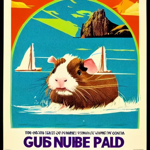 Prompt: a 1970s travel poster of guinea pig island
