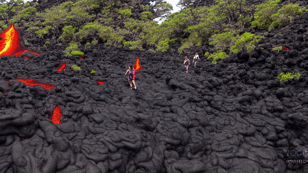 Prompt: Photograph of a lava trail with a traveler running away from a group of creatures in the distance.