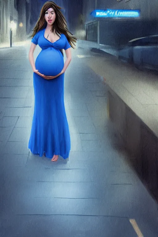 Image similar to pregnant woman in a small blue dress on night street, highly detailed, sharp focused, ultra realistic digital concept art by Edwin Longsden