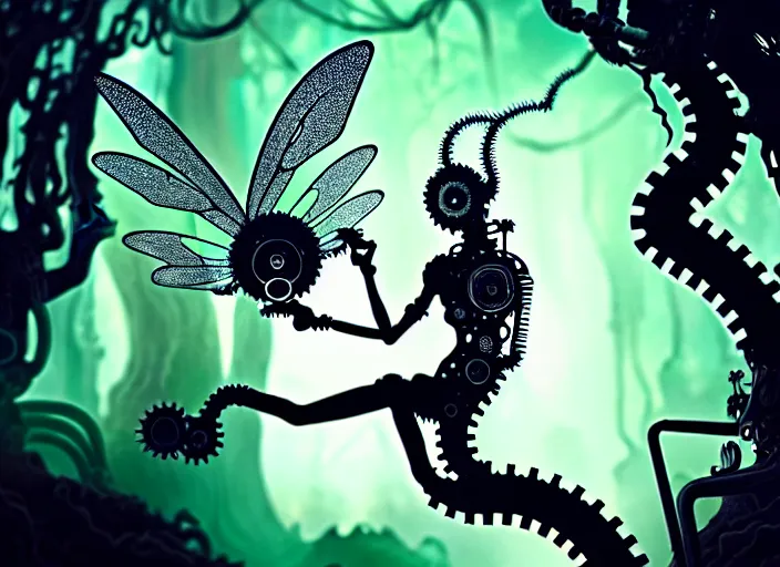 Image similar to silhouette of an intricate mechanical fairy with visible gears having tea with a cyborg winged horned demon medusa in a magical forest. Very detailed 8k. Fantasy cyberpunk horror. Sharp. Cinematic post-processing