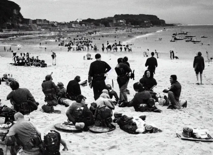 Prompt: vintage photo of a pizza party on omaha beach in normandy with explosions in the background