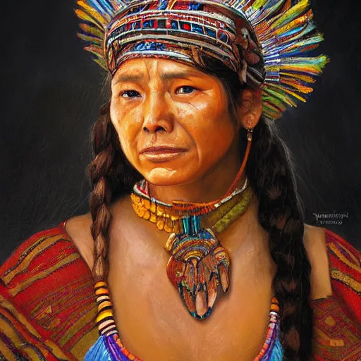 Prompt: portrait of a mayan woman ( 3 5 ) from mesoamerica, an oil painting by ross tran and thomas kincade