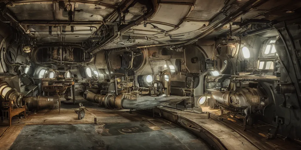 Prompt: photograph of a dieselpunk submarine interior set design, cinematic lighting, color contrast, arri alexa, anamorphic bokeh, professional lighting, 4 k, photographed by erik johansson, graded with davinci resolve